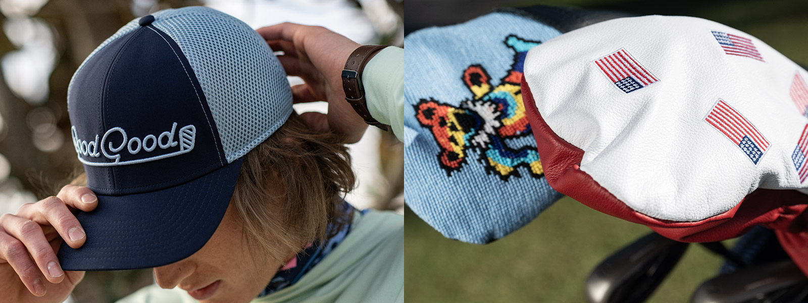 A Good Good Golf hat and a pair of headcovers.